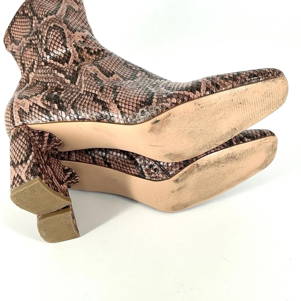 Steve Madden Size 9 Snakeskin‎ Print Ankle Boots Square Toe Block Heel Brown Tan